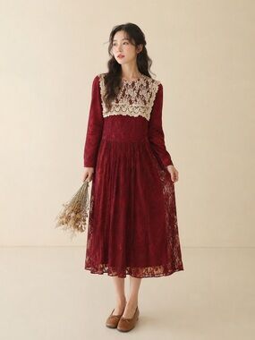Vintage Scott McClintock Lace Collar Dress Red Prairie Romantic Midi USA Size 12